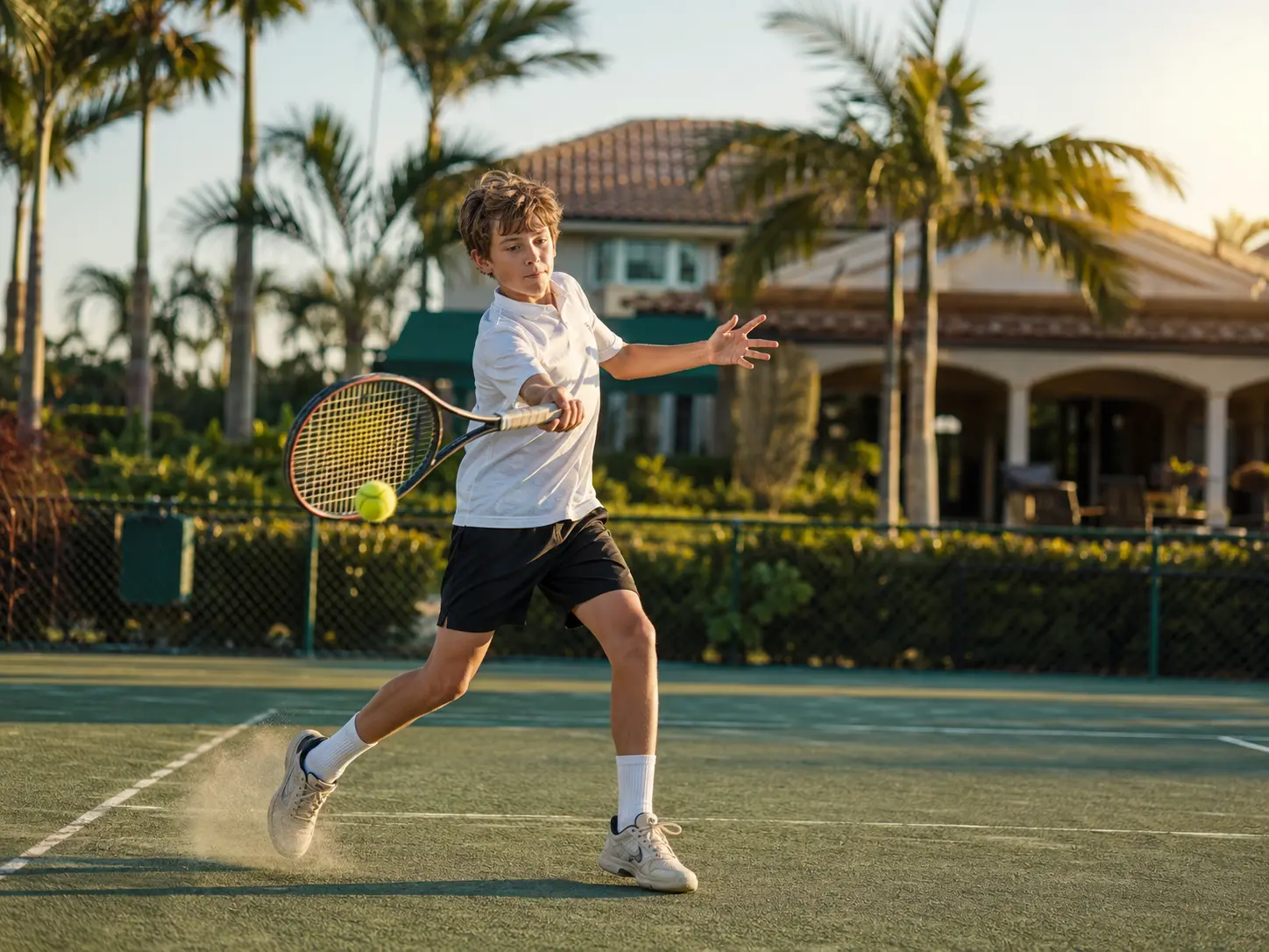 Junior tennis player hitting a forehand on a green clay court