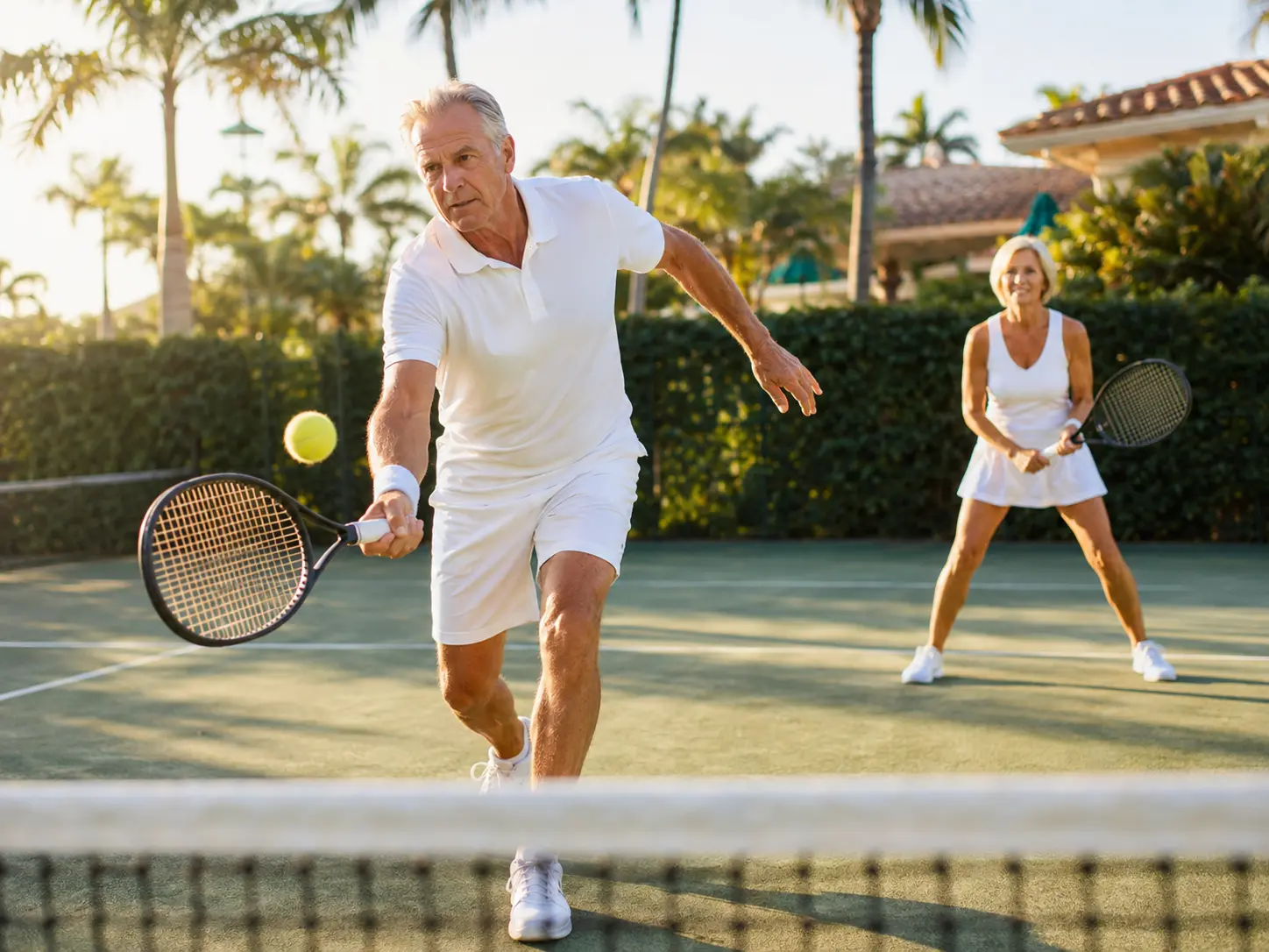 Active senior tennis players competing on a green clay court