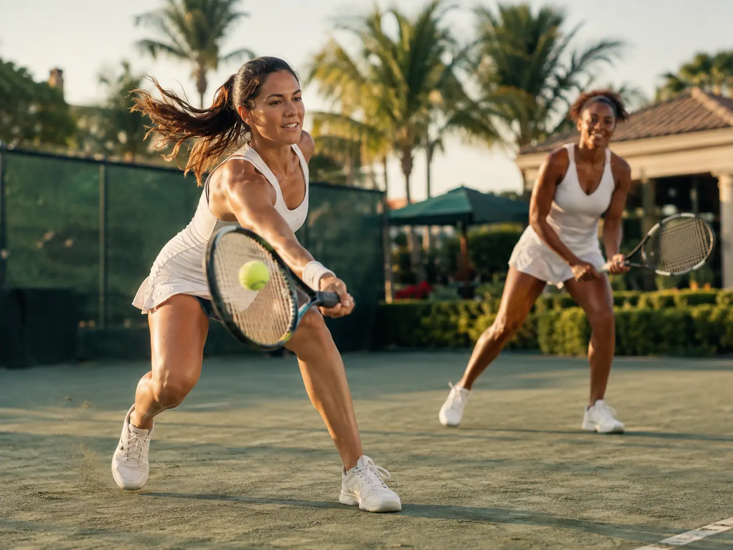 Women playing doubles tennis on a green clay court